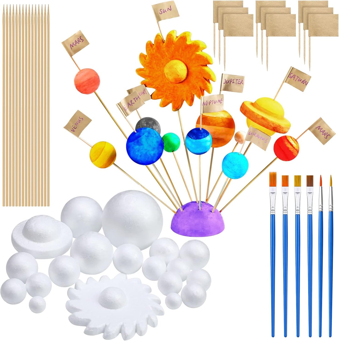 Jutom 56 Pcs Solar System Project Kit Solar System Model Includes 20 Mixed Sized Foam Balls, 15 Sticks, 15 Food Stick Flag, 6 Painting Brushes for School Science DIY Planet Handcraft