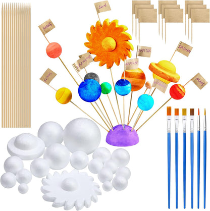 Jutom 56 Pcs Solar System Project Kit Solar System Model Includes 20 Mixed Sized Foam Balls, 15 Sticks, 15 Food Stick Flag, 6 Painting Brushes for School Science DIY Planet Handcraft