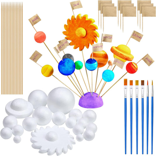 Jutom 56 Pcs Solar System Project Kit Solar System Model Includes 20 Mixed Sized Foam Balls, 15 Sticks, 15 Food Stick Flag, 6 Painting Brushes for School Science DIY Planet Handcraft