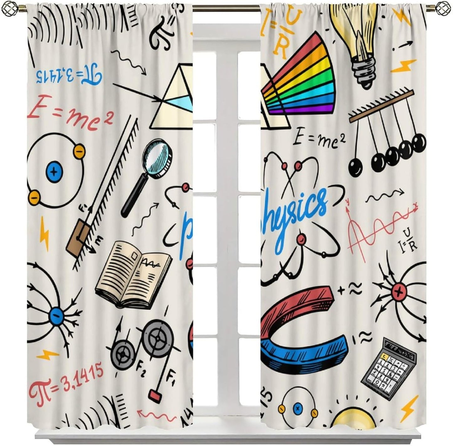 Science Physics Window Curtains, Abstract Math Chemistry Curtain Scientist Graffiti Print Window Treatments for Kids Teens Bedroom Living Room Kitchen Set 2 Panels,42x63 Inches