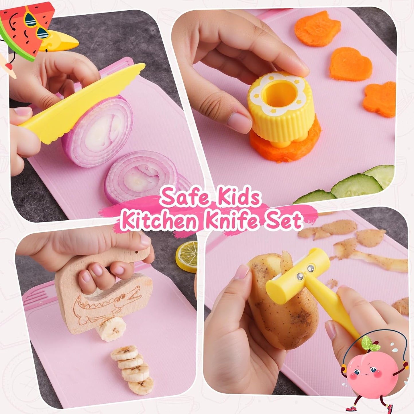 Kids Kitchen Knife Set for Real Cooking with Storage Box Pink, Montessori Kitchen Toy with Cutting Board, Plastic Toddler Knives, Peeler, Wooden Safe Knife for Age 3 4 5 6 7 8