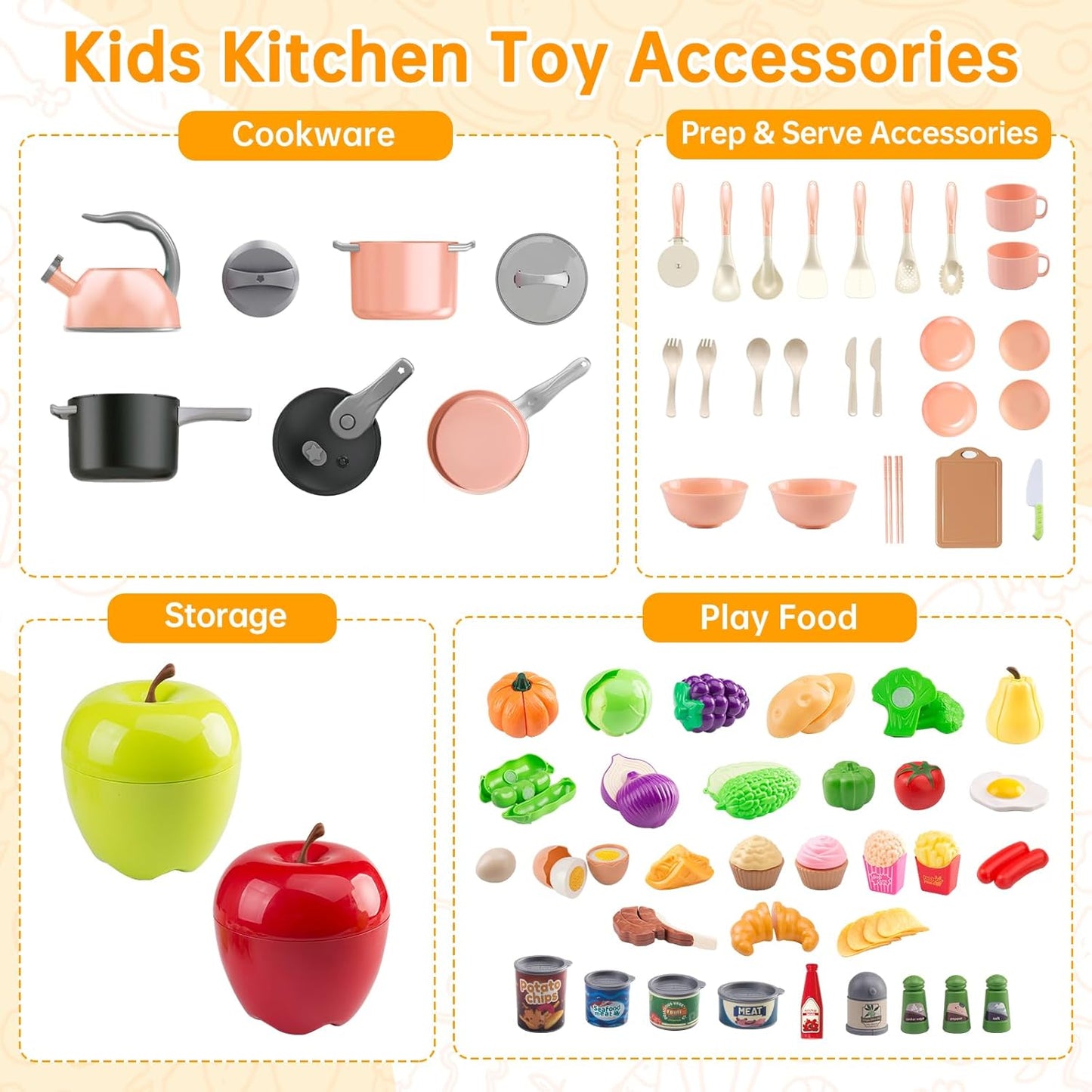 130Pcs Kitchen Playset, Toddler Pretend Cooking Play Pots, Pans, Utensils Cookware, Daily Food Fruit Veges, Shopping Storage Basket, Dessert, Prop Money, Learning Gift for Child (Pink)