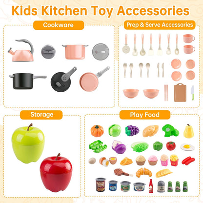 130Pcs Kitchen Playset, Toddler Pretend Cooking Play Pots, Pans, Utensils Cookware, Daily Food Fruit Veges, Shopping Storage Basket, Dessert, Prop Money, Learning Gift for Child (Pink)