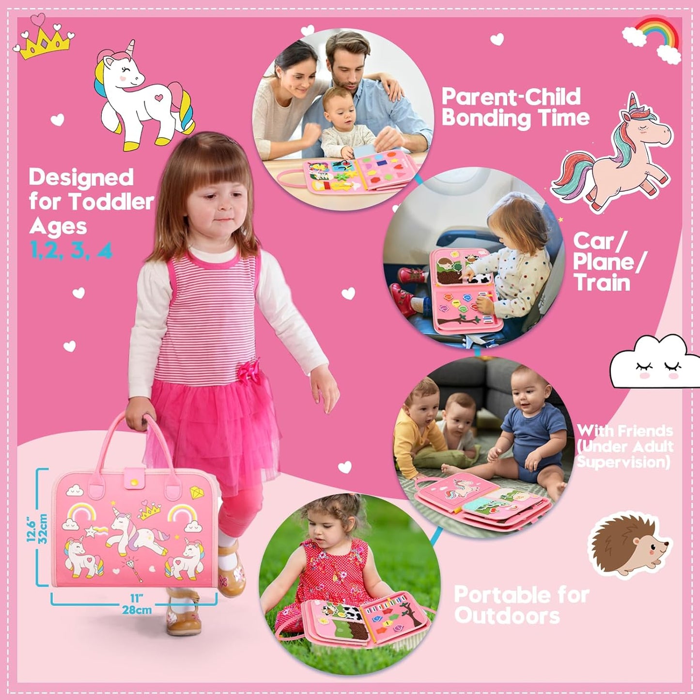 Toddler Sensory Busy Board: Travel Toy Activity Book for Girls Boys, Motor Skill Development Gift for Baby Aged 3-4 Years, Fine Educational Preschool Montessori Learning Toy for Car Airplane Dinosaur