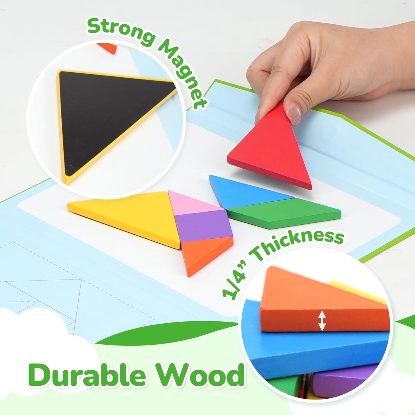 BenBen Travel Tangram Puzzle with 2 Sets Magnetic Wooden Shapes, Extra Large Dual-Sided Magnet Surface, Color Pattern IQ Book，Road Trip Car Plane Game，Educational STEM Travel Toys for Kids Adults