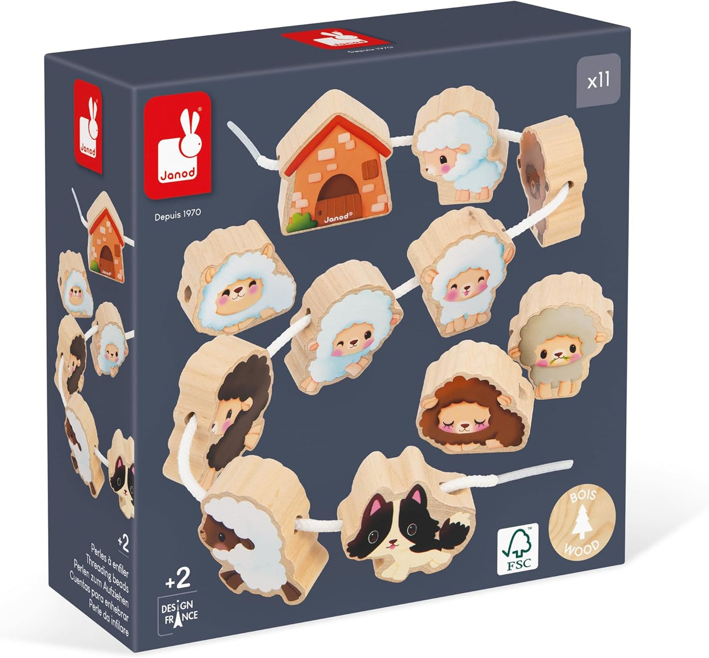 Janod - Stringable Farm-Themed Wooden Beads Set 11 Pieces - Designing Custom Jewelry - Imagination Development - Boosts Creativity and Motor Skills - Encourages Imaginative Play
