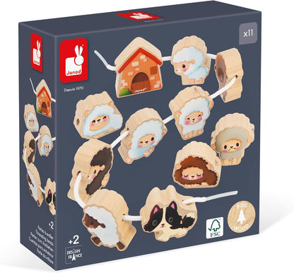 Janod - Stringable Farm-Themed Wooden Beads Set 11 Pieces - Designing Custom Jewelry - Imagination Development - Boosts Creativity and Motor Skills - Encourages Imaginative Play