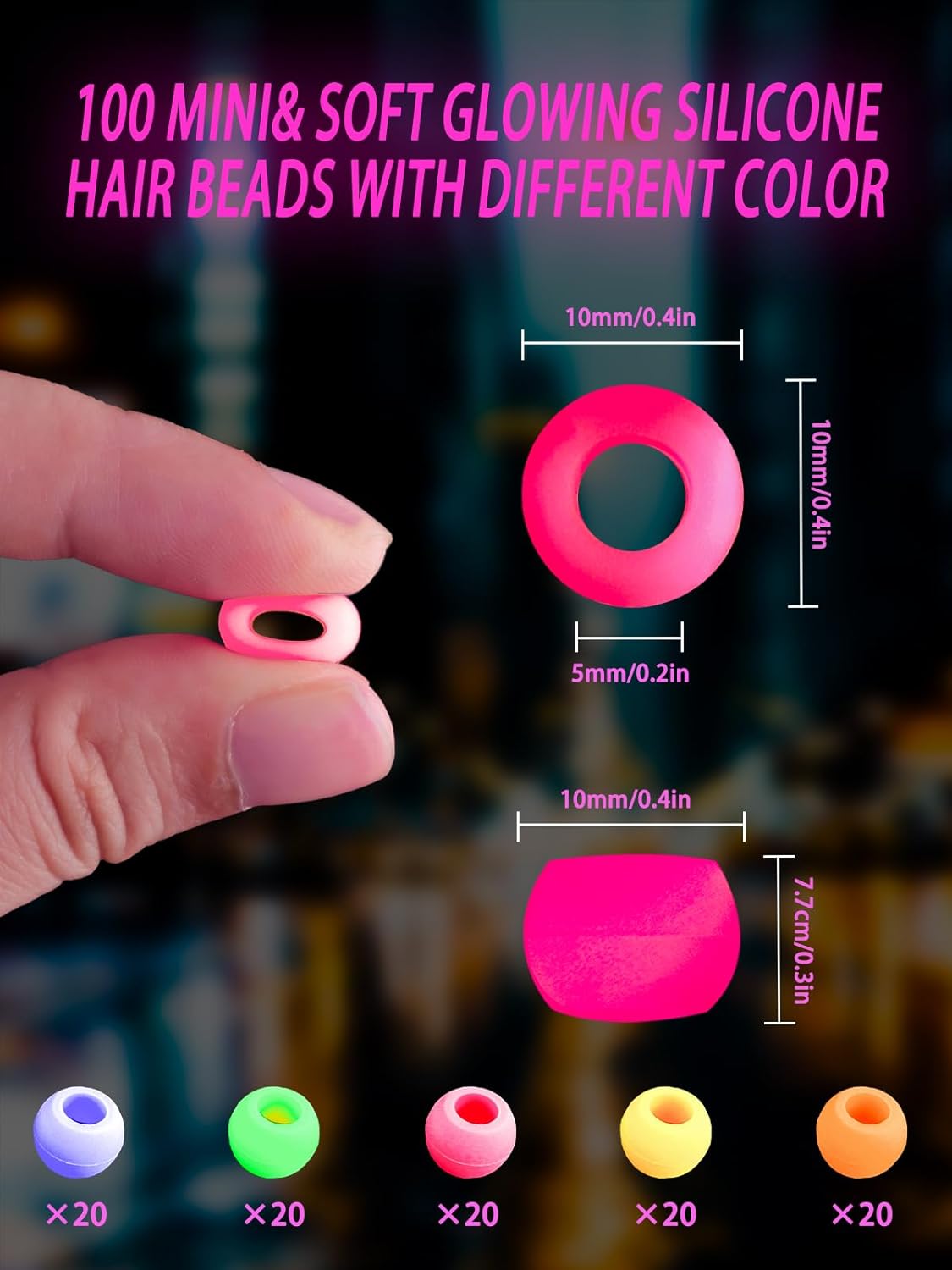 100 Small Silicone Hair Beads Glow in Dark for Kids Girls Braids, 5mm Colorful Soft Silicone Hair Beads, 1 Plastic Quick Beaders for Hair Braids, 50 Elastic Rubber Bands