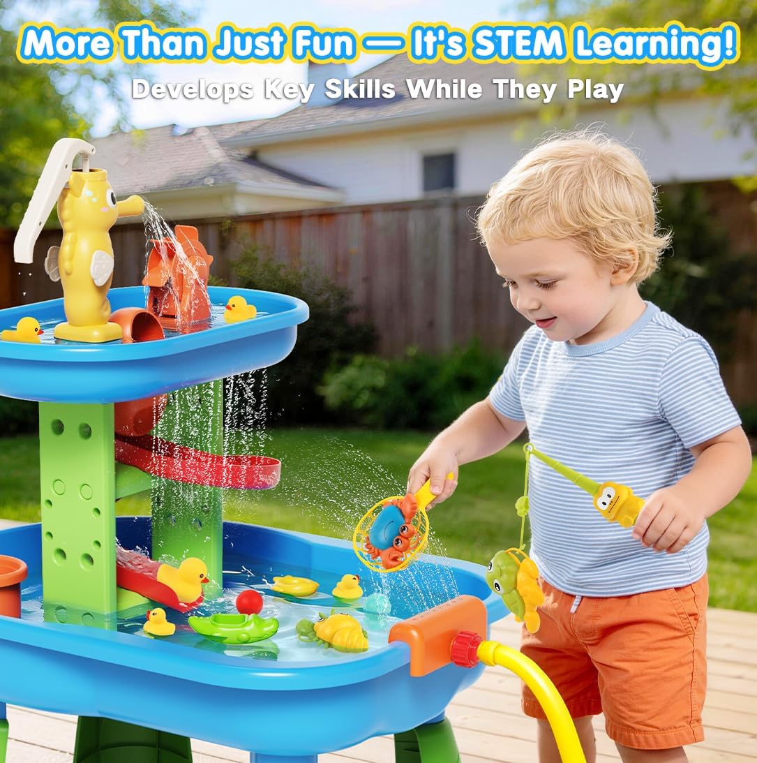 Toddler Water Table for Kids - Sand and Water Table with 28PCS Toy Accessories & Rain Shower Sprinkler, Outdoor Sensory Water Play Table, STEM Toy Summer Gift for Boys Girls Ages 3-8