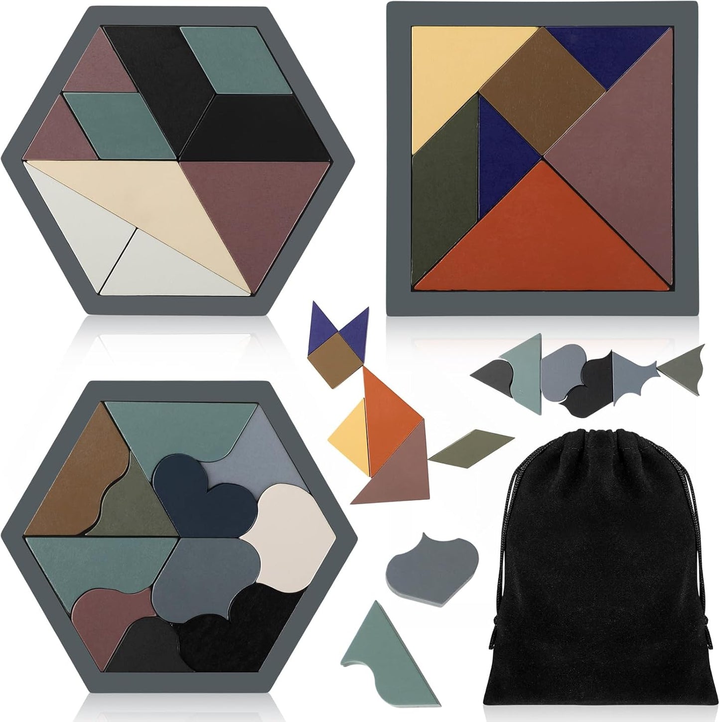 Yunsailing 3 Pack Large Hexagon Tangram Puzzle Wooden Brain Puzzles for Adult Challenge Wood Russian Blocks Brain Teasers Geometric Jigsaw Block Logic Iq Stem Family Graduation Gifts(Vintage)
