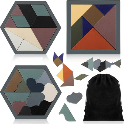 Yunsailing 3 Pack Large Hexagon Tangram Puzzle Wooden Brain Puzzles for Adult Challenge Wood Russian Blocks Brain Teasers Geometric Jigsaw Block Logic Iq Stem Family Graduation Gifts(Vintage)