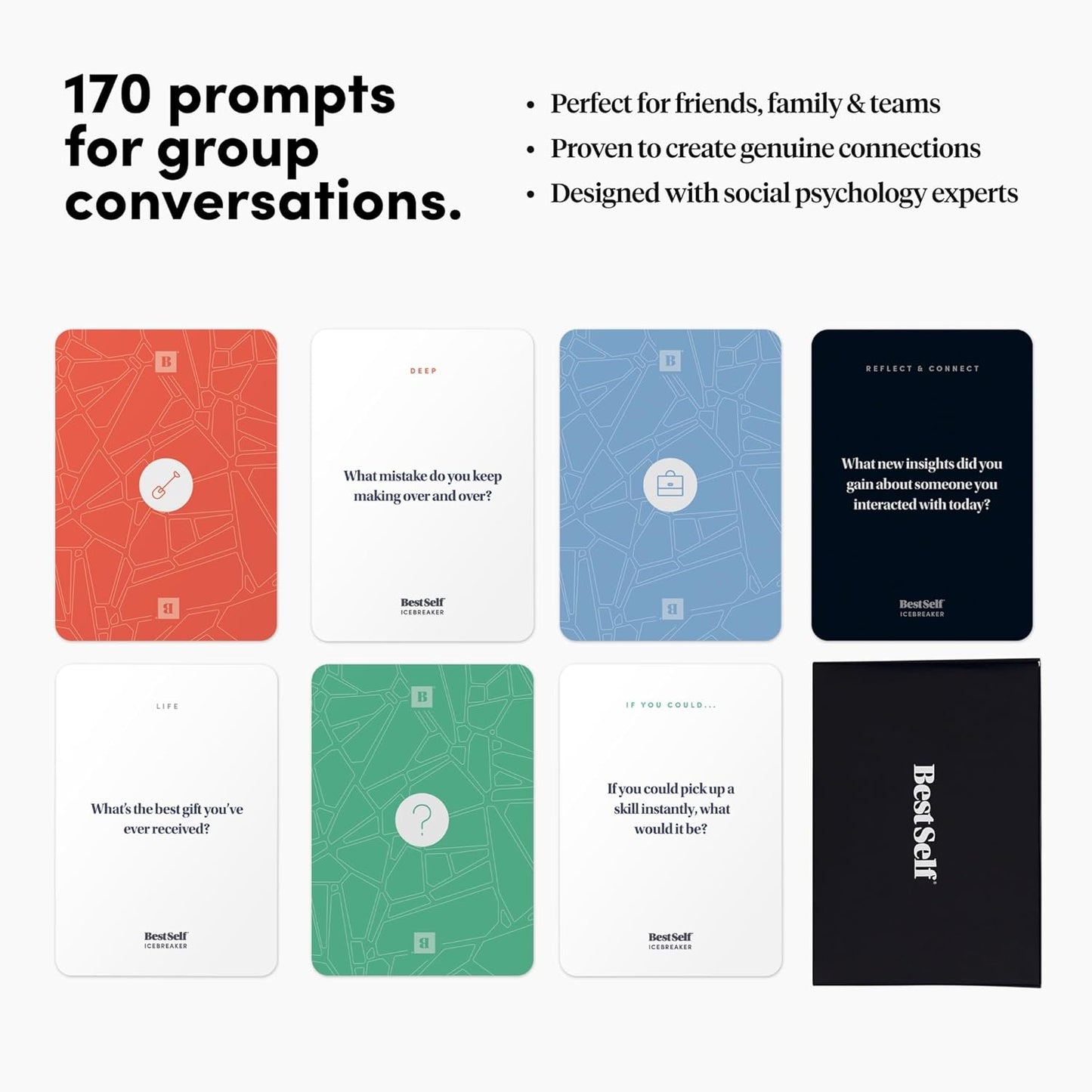 BestSelf Icebreaker Deeper Talk Deck - Conversation Starter Card Pack to Deepen Friendships with 170 Prompts to Create Real Conversations for Friends, Coworkers, Family, Dates