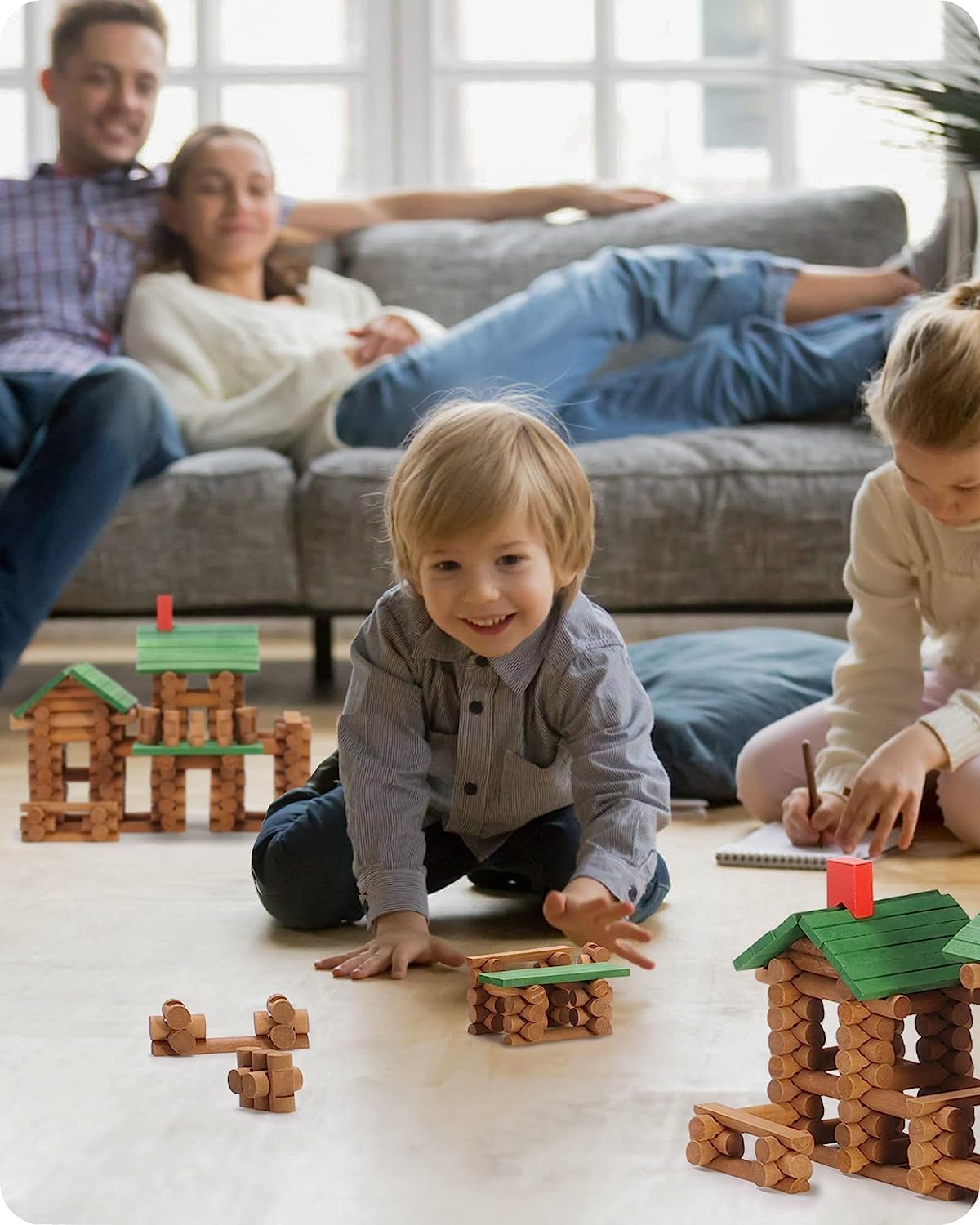 SainSmart Jr. 300 PCS Wooden Log Cabin Set Building House Toy for Toddlers, Classical STEM Construction Kit Compatible with Lincoln Logs for 3+ Kids