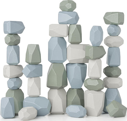 Comfy Cubs Stacking Rocks 36 Pieces, 36 Months+, Educational Toddler Stacking Blocks, Promotes Imagination, Balance & Fine Motor Skills - Wooden Rocks Sensory Toys Gift for Kid, Neutral Pack