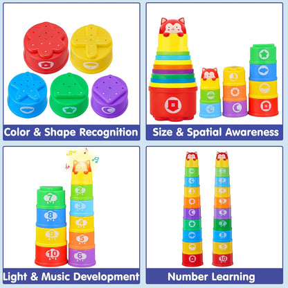 WEEJOYGAM Baby Stacking Cups, Nesting Stacking Toys for Toddlers 1-3 with Light and Sound, Montessori Toys for 1 Year Old Babies 6-12 12-18 Months Easter Gift Color Stack Bath Beach Blocks Rainbow Set