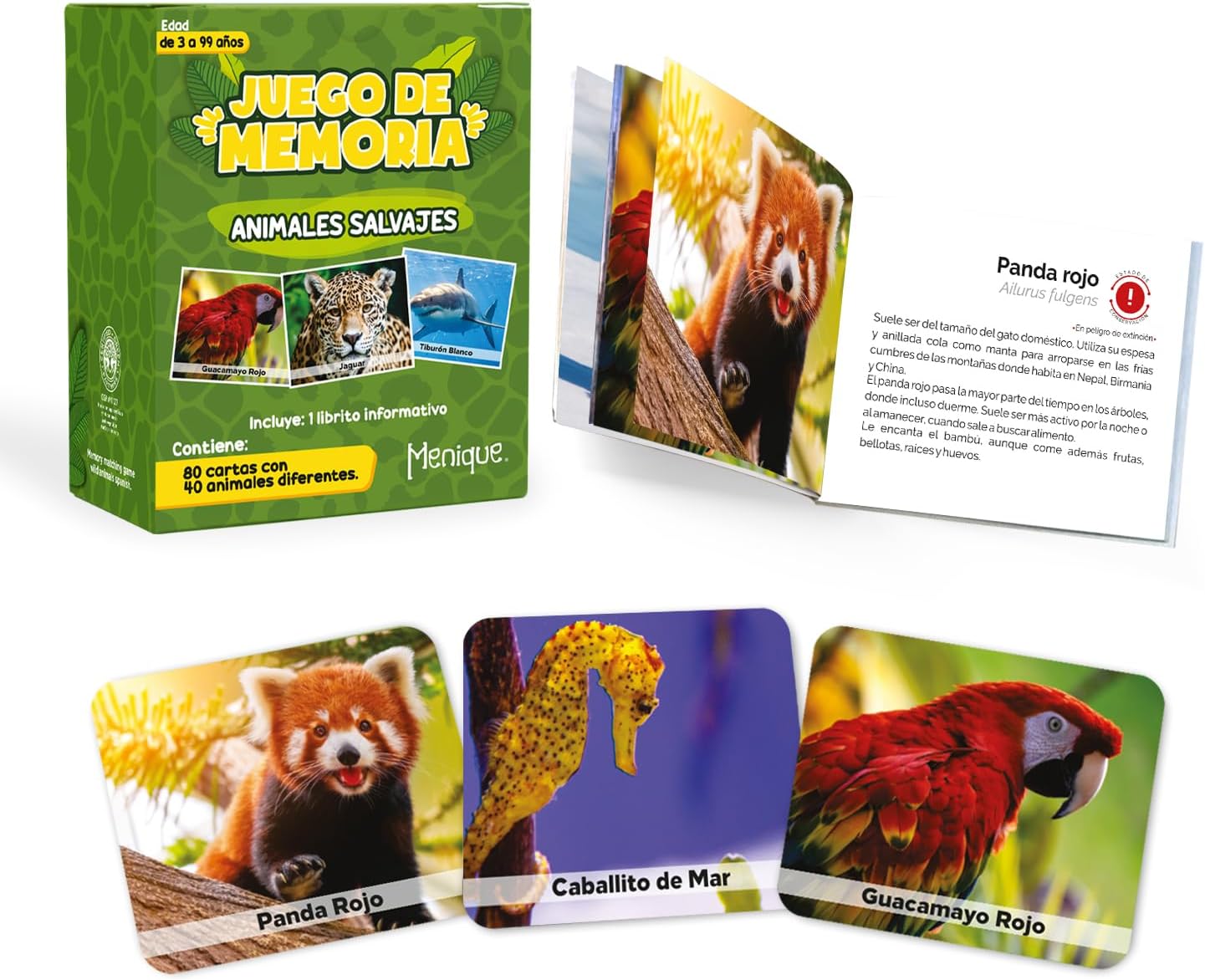 Menique Wild Animals Memory Matching Game – 80 Cards (40 Pairs) with Real Photos – Includes Educational Booklet with Animal Facts – Fun & Cognitive Game for Kids and Adults