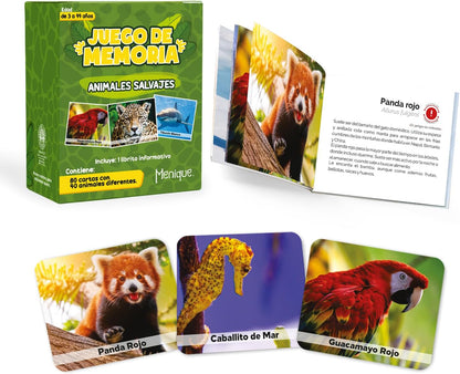 Menique Wild Animals Memory Matching Game – 80 Cards (40 Pairs) with Real Photos – Includes Educational Booklet with Animal Facts – Fun & Cognitive Game for Kids and Adults