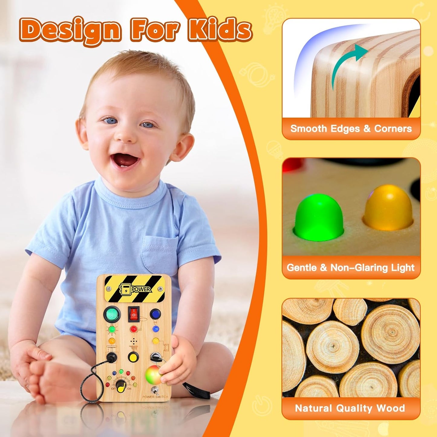 TINTECUSA Busy Board Montessori Toys for Toddler, Wooden Sensory Board Switch Toy with Shape Sorter LED Light Up Toys Educational Plane Travel Activity for Girls & Boys