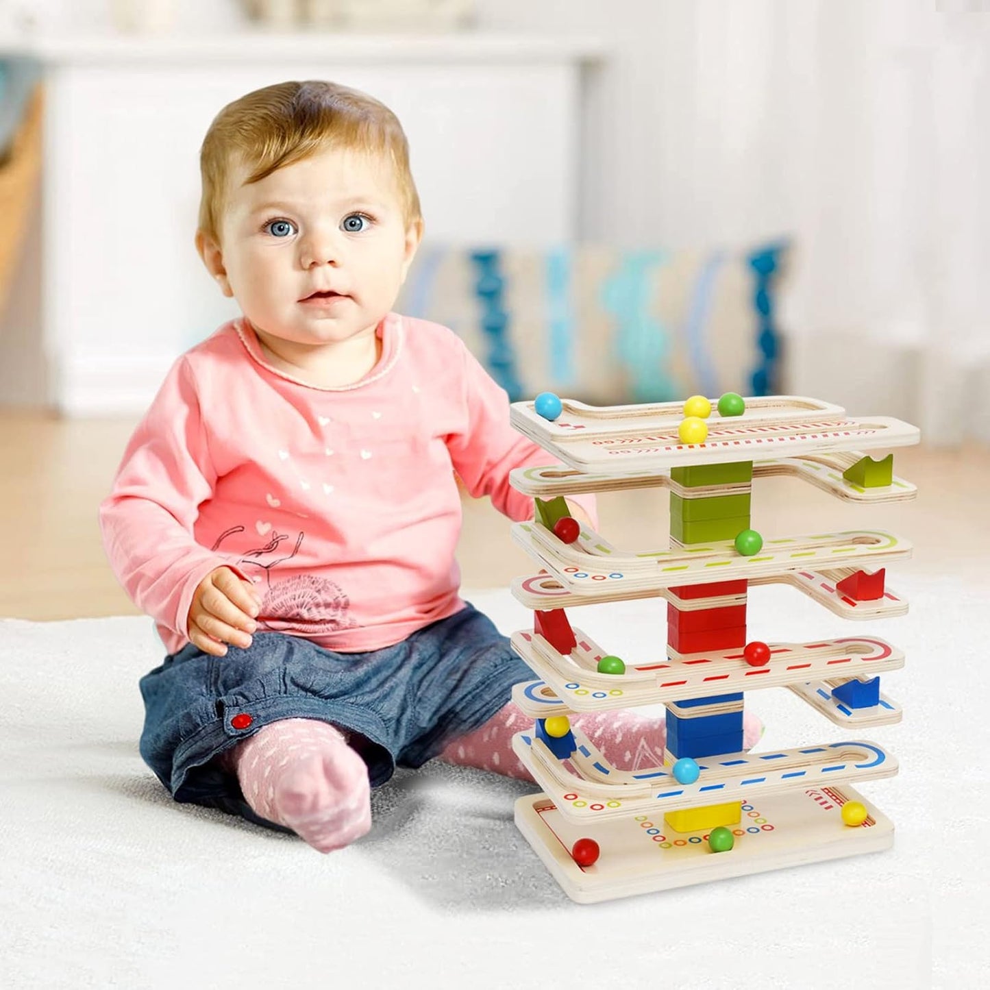 Wooden Marbles Run Ball Drop Toys 8-Tier Rolling Tower Toys with 16 Balls Ramp Whirling Game Ball Tower Educational Learning Toys for Gifts 3 4 5 6 7 8 Years Toddler Boys Girls