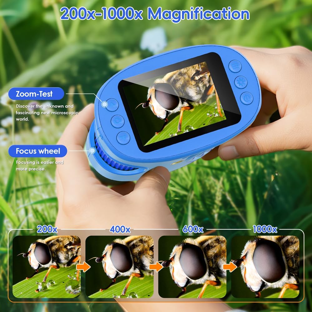 Temodu Kids Microscope 2.0" Screen 1000X Digital Microscope for Kids, Mini Pocket Handheld Microscopes for Children Birthday Festival Gift, Science Education Fun Toys for Boys Girls Ages 4-12 (Blue)
