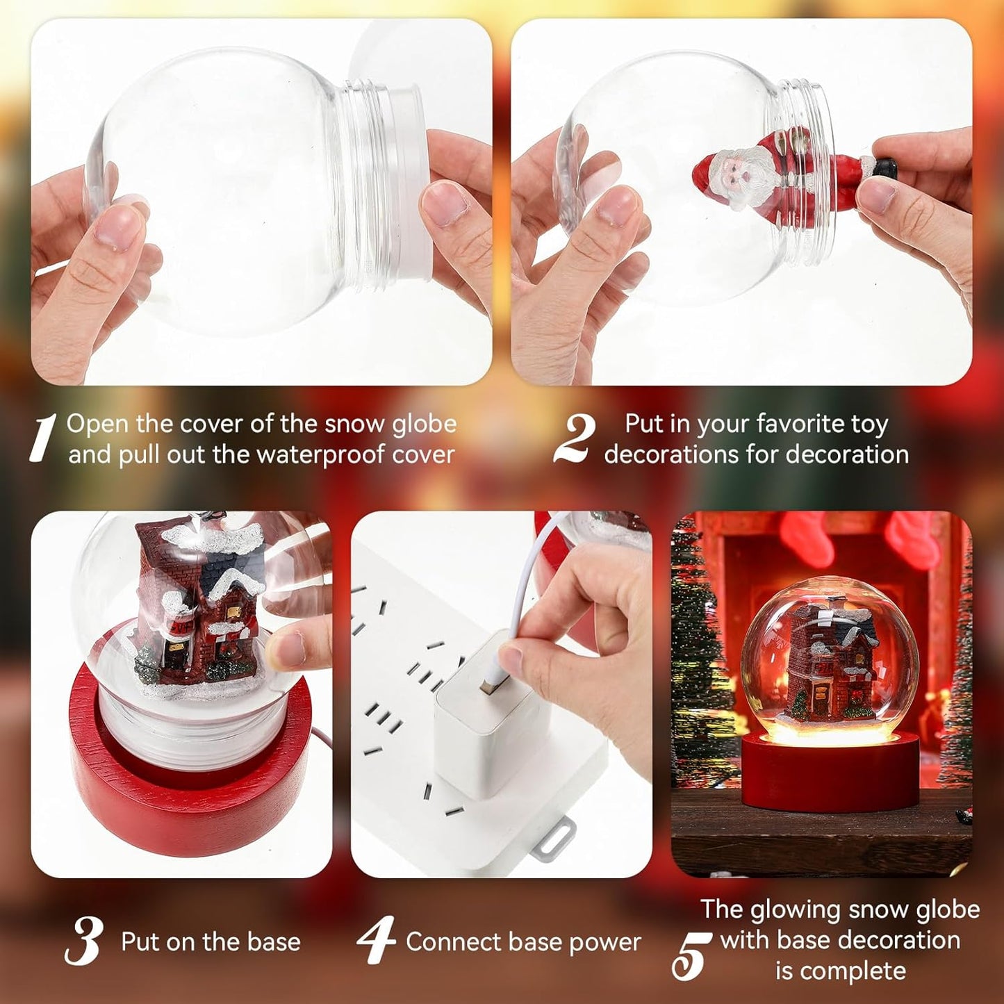 Irenare 2 Set Valentines DIY Snow Globes Set Warm Light Make Your Own Snow Globe with LED Light White Wooden Base Clear Plastic Globe Kit for Valentine Christmas Decor Gift