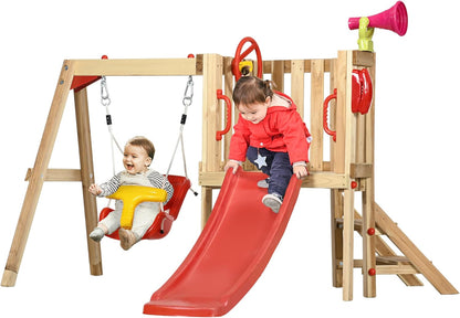 Outsunny Swing Set for Backyard, Wooden Toddler Outdoor Playset with Baby Swing Seat, Kids Slide, Fort, Playground Equipment with Captain's Wheel, Telescope for Ages 1.5-4, Natural