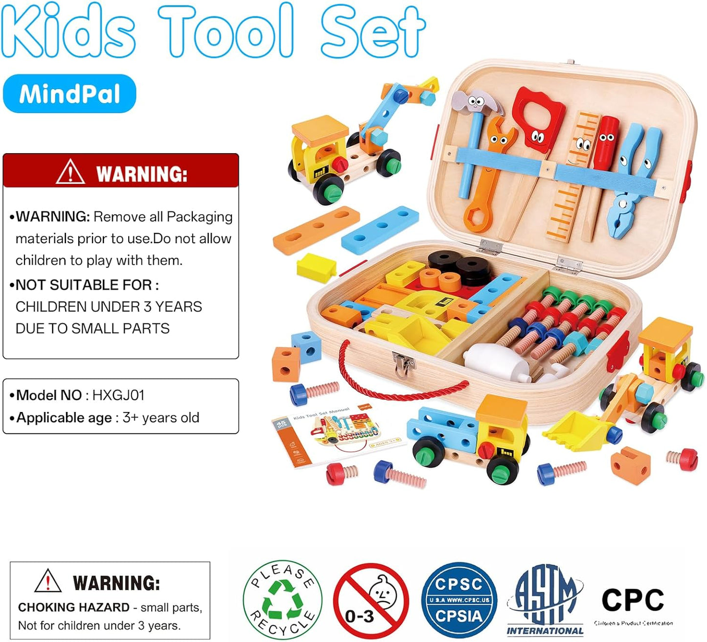 MindPal 45 Pcs Kids Tool Set, Toddler Tool Set with Tool Box, STEM Construction Preschool Educational Toys for Age 3 4 5 6 7 Boys Girls, Wooden Tool Kits Toys, Christmas Birthday Present for Kids
