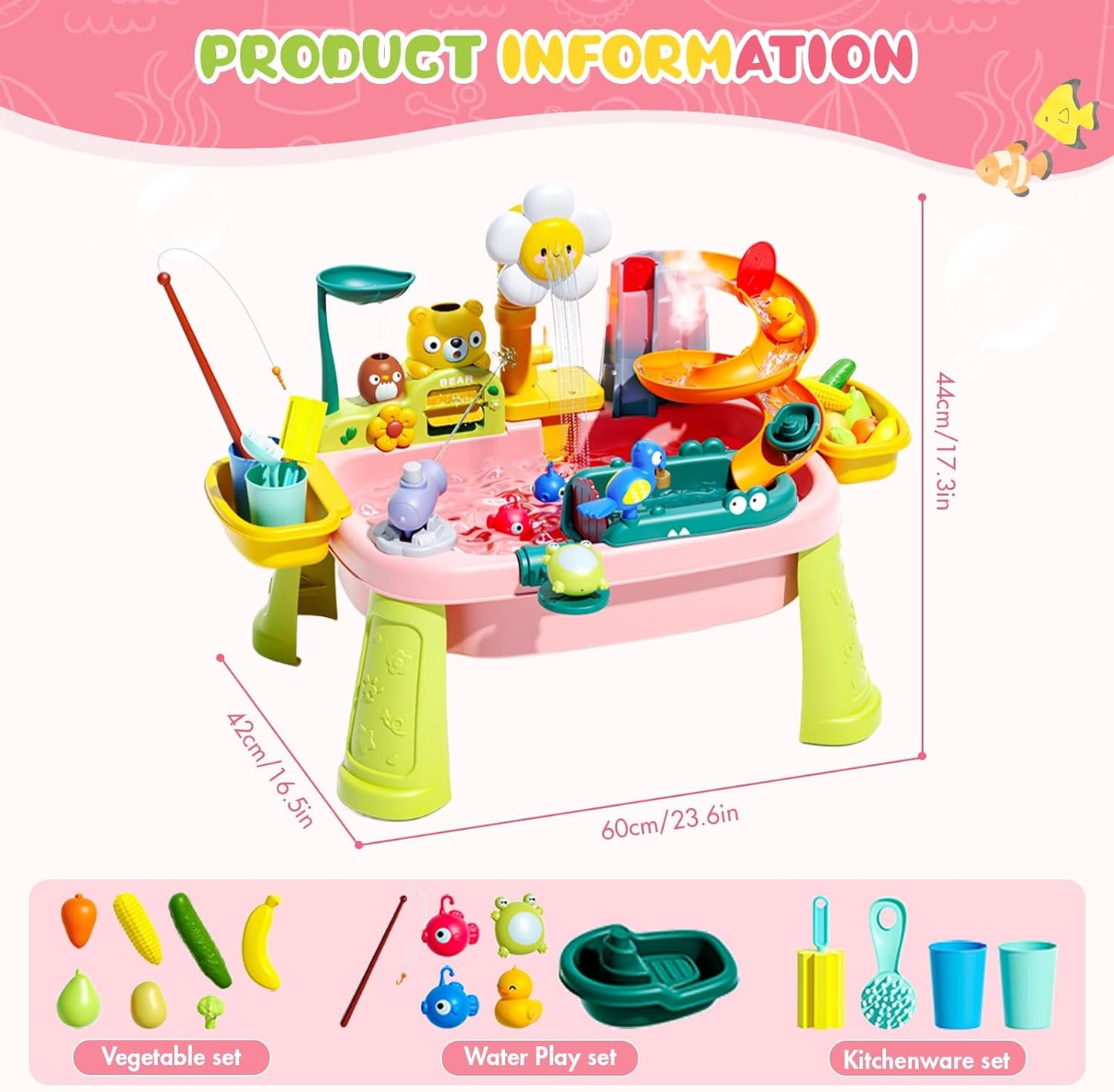 2026 Upgraded Pink Stand Water Table for Toddlers 1-3 - Outdoor Toys for Kids Ages 3-8 with Pump, Summer Outside Sensory Activity Pool Toys, Kitchen Play Sink Toy with Running Water, Fishing Toy