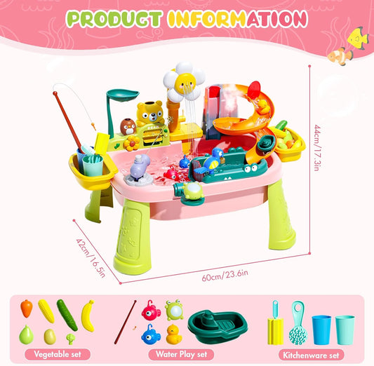 2026 Upgraded Pink Stand Water Table for Toddlers 1-3 - Outdoor Toys for Kids Ages 3-8 with Pump, Summer Outside Sensory Activity Pool Toys, Kitchen Play Sink Toy with Running Water, Fishing Toy