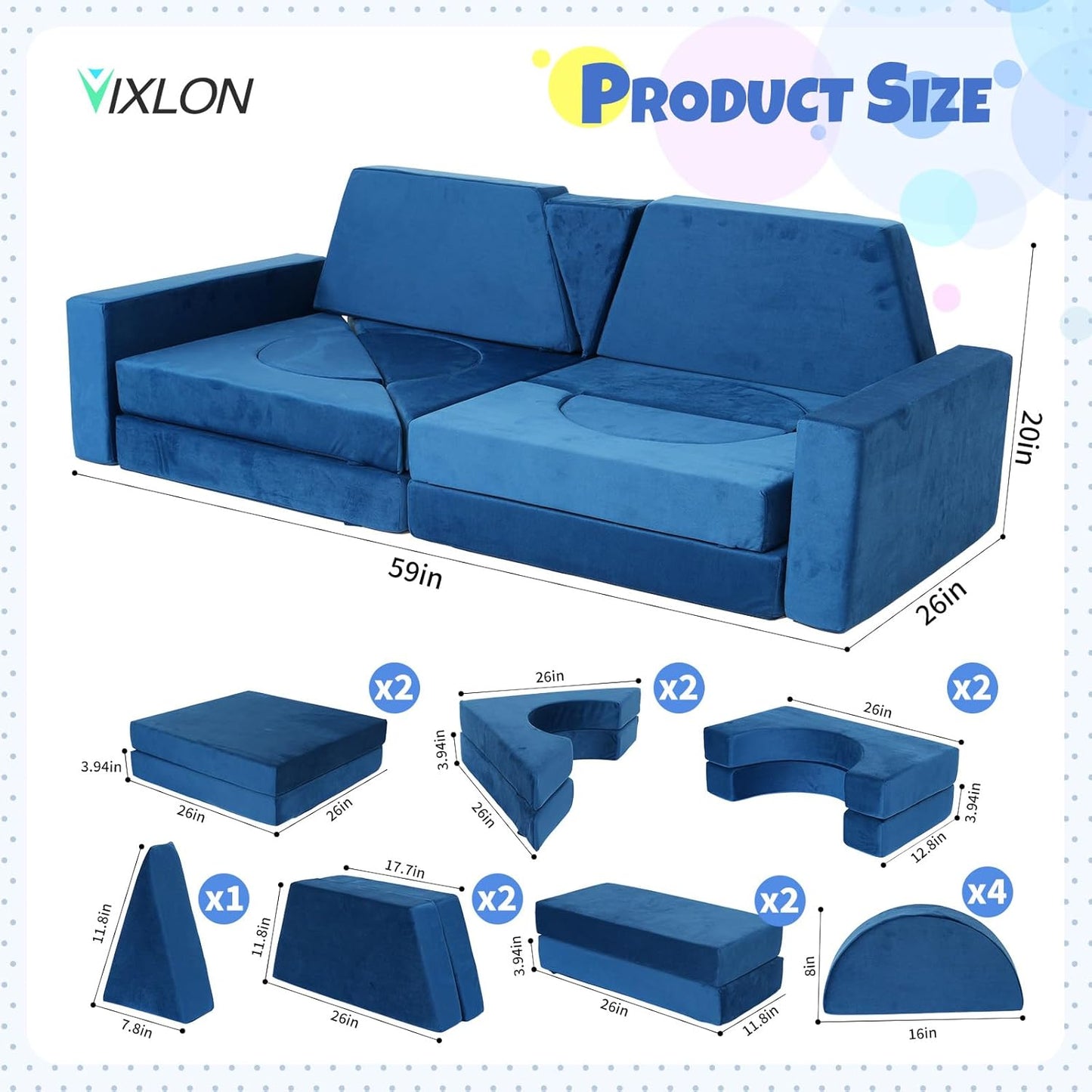 Tangram Puzzles modular kids play couch building fort, Children explorer sofa with Ball Pit, Kids playroom convertible furniture for Inspiring Child Creativity, Made entirely of sponge (Blue Series)