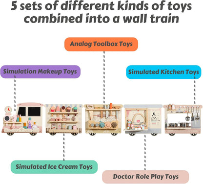 Wooden Sensory Wall Panel for Kids Activity Wall Busy Board with Wooden Toolboxes, Kitchen, Doctor Kit & More! Wall-Mounted Learning Toy for Preschoolers (3+), STEM Play