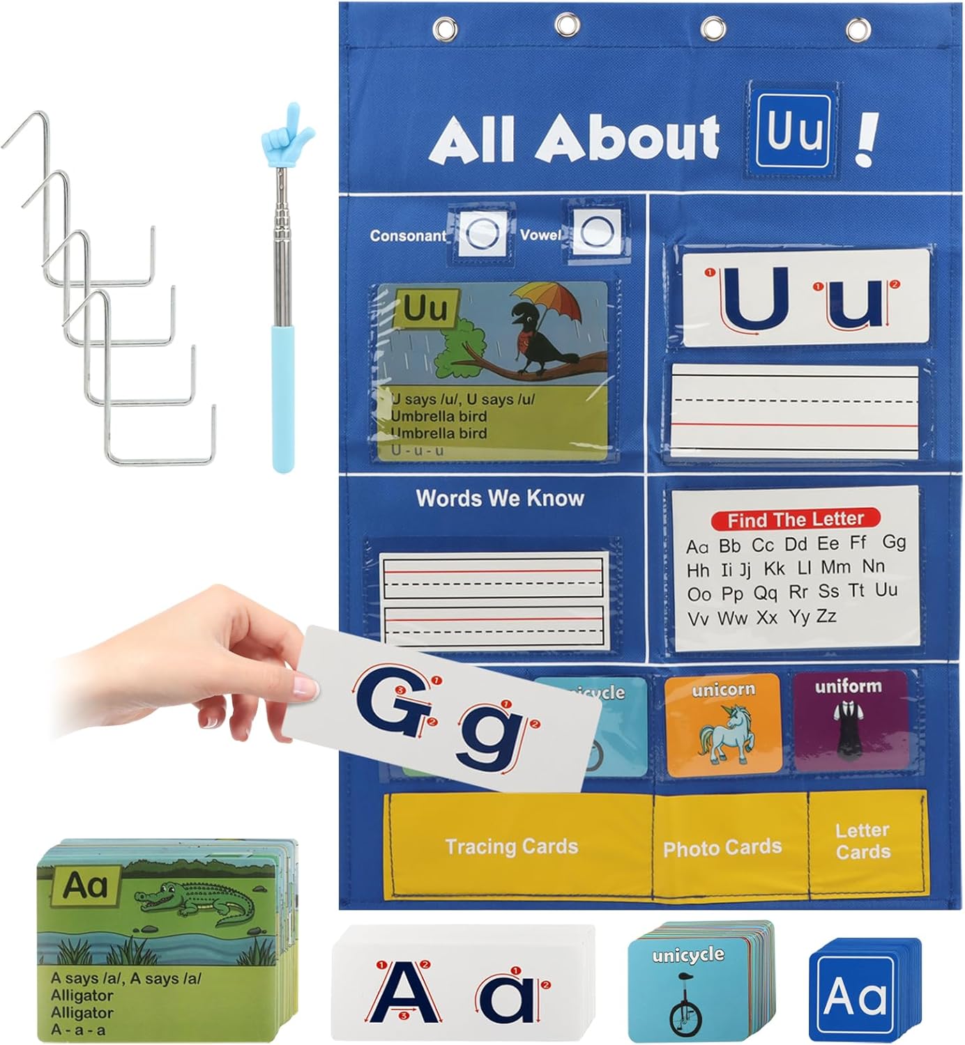Alphabet Learning Pocket Chart Letter Recognition Tool Alphabet Wall Chart ABC Flash Cards Handwriting Practice Letter Tracing for Homeschool (Color:Bule)