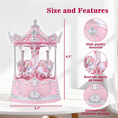 Gifts for Mom Pink Carousel Horse Snow Globe Music Box with Rotating Horses Musical Unicorn Snow Globe with Glitter for Girls, Women, Mom, Birthday Gifts Home Decorations (Pink Silver Carousel)