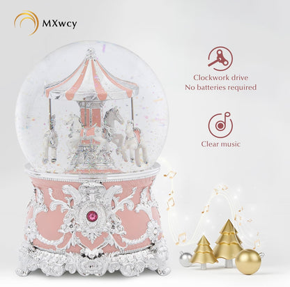 Carousel Music Box Gold & Ivory Christmas Snow Globes, 8.3" Rotate Carousel Snow Globe for Kids & Adults, Classic Wind up Musical Snow Globe Birthday Gifts for Women Girls, Carousel Horse Home Decor