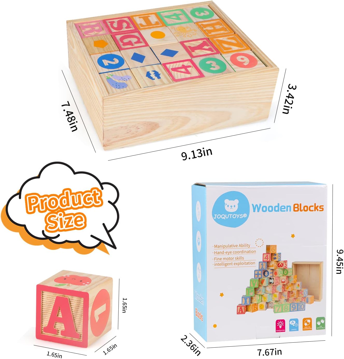 Joqutoys ABC Wooden Building Blocks for Toddlers 1-3 Large, 26 PCS Alphabet & Number Stacking Blocks, Educational Learning Toys for Boys Girls Kids Gifts 1.65''