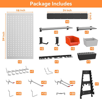 WALMANN 113 PCS Pegboard Wall Organizer Kit with Pegboard Hooks, Bins, Shelves, Pegboard Tools Storage System for Garage, Workbench, Modular Peg Board Tool Organizer Board with Hooks(Black)