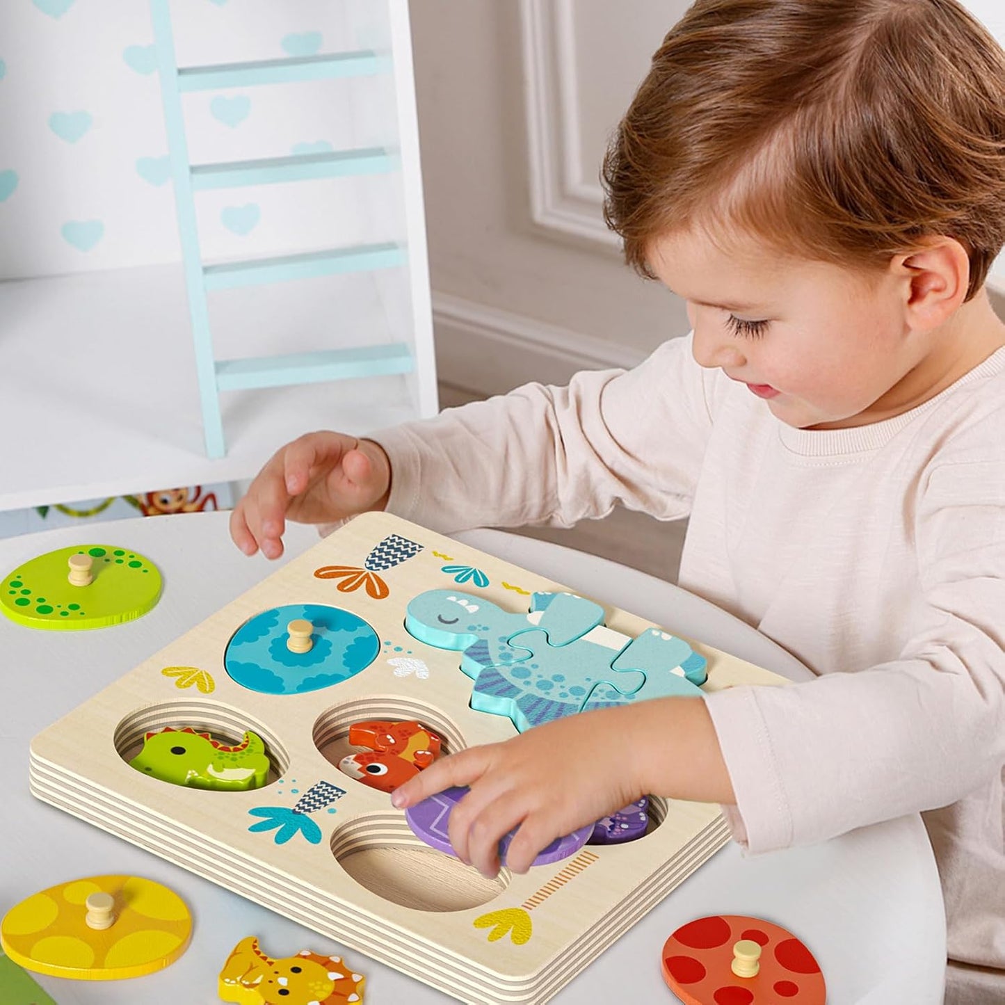 Wooden Toddler for Puzzle 2-4, Dinosaur Matching Eggs Peg Puzzles, Preschool Learning Educational Montessori Toys for 2 3 4 Year Old Boys Girls