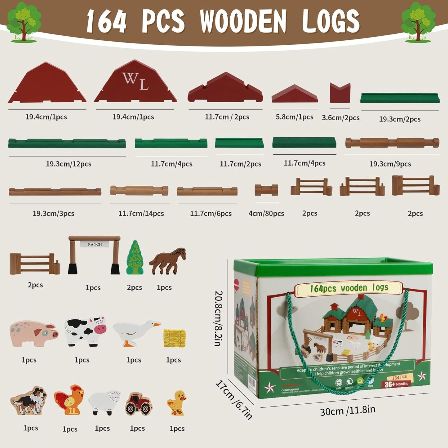 Wondertoys 208 Pcs Wooden Log Set - Classic Building Logs Ages 3+ - Best Retro Building Gift Set for Boys - Creative Construction Engineering Educational Gifts