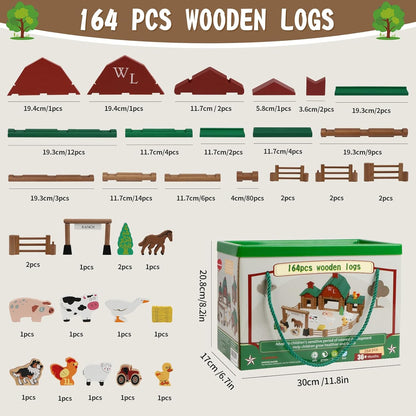 Wondertoys 208 Pcs Wooden Log Set - Classic Building Logs Ages 3+ - Best Retro Building Gift Set for Boys - Creative Construction Engineering Educational Gifts