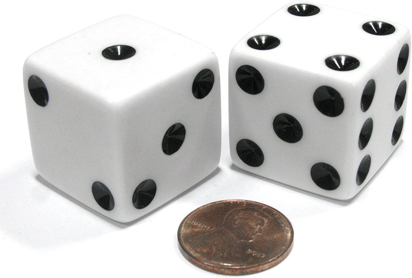 Set of 2 D6 25mm Large Opaque Jumbo Dice - White with Black Pips