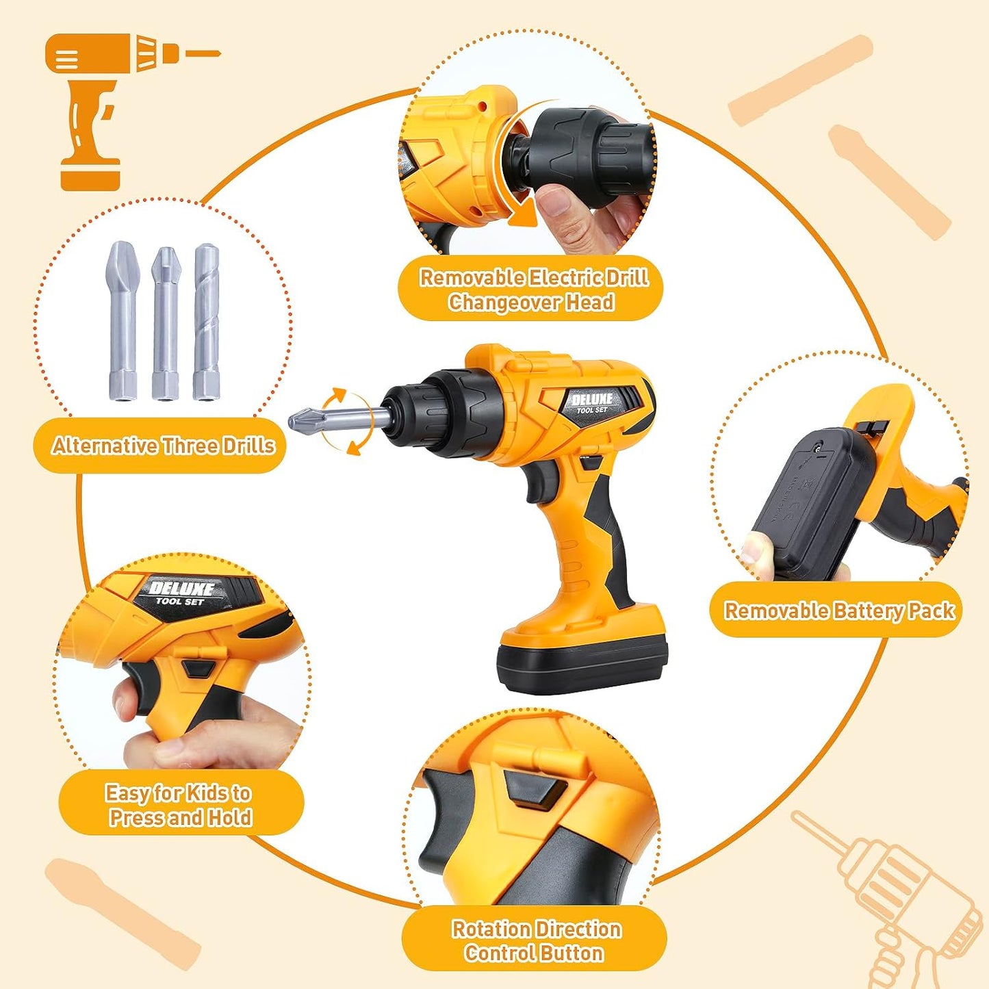 Kids Tool Set – Zealous 48 pcs Toddler Tool Set with Tool Box & Electronic Toy Drill, Pretend Play Kids Toys, Toy Construction Tools for Kids Ages 3,4,5,6,7,8 Years Old (A-Orange)