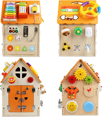 Montessori Wooden Busy House, Life Skills Activity Cube, Toddler Fine Motor Skills & Sensory Toy,Blue