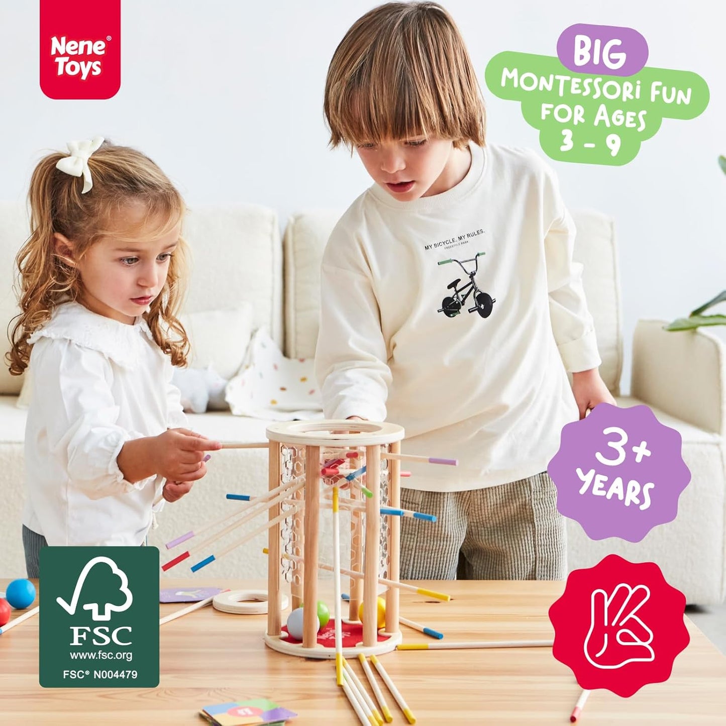 Nene Toys BeeFall Jumbo, 4-in-1 Wooden Honey Bee Toy for Kids Ages 3-9 - Educational Game with Wooden Honeybee Hive, 12 Bees, Colorful Sticks, Dice & Cards - Fun Family Game for Cognitive Development