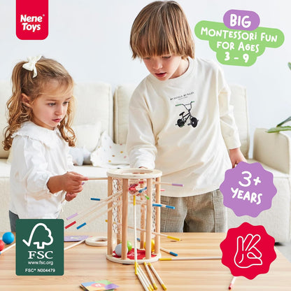Nene Toys BeeFall Jumbo, 4-in-1 Wooden Honey Bee Toy for Kids Ages 3-9 - Educational Game with Wooden Honeybee Hive, 12 Bees, Colorful Sticks, Dice & Cards - Fun Family Game for Cognitive Development