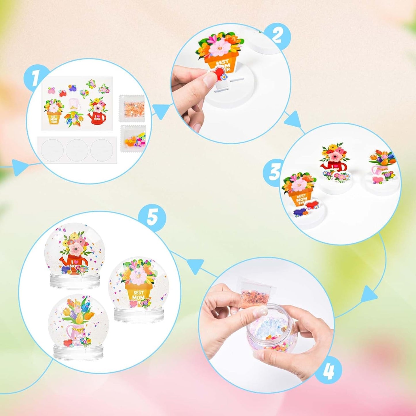 Cinrobiye 12 Pack Mother's Day Snow Globe Craft Kit for Kids, DIY Glitter Flower Water Globe Set with Stickers & Base, Preschool Classroom Activity, Handmade Gift for Mom Party Favors