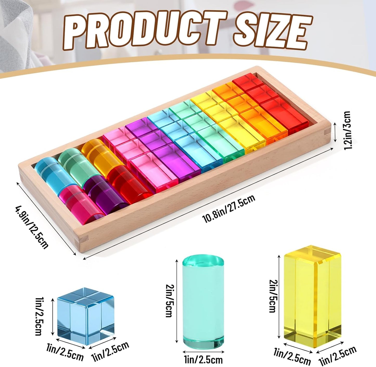 16 Pcs Acrylic Wooden Gem Blocks Sparkling Translucent Cubes Stacking Toys Wooden Cubes Blocks with Colorful Acrylic Open Ended Play Montessori Educational Toys (Round)
