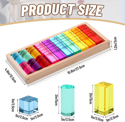 16 Pcs Acrylic Wooden Gem Blocks Sparkling Translucent Cubes Stacking Toys Wooden Cubes Blocks with Colorful Acrylic Open Ended Play Montessori Educational Toys (Round)