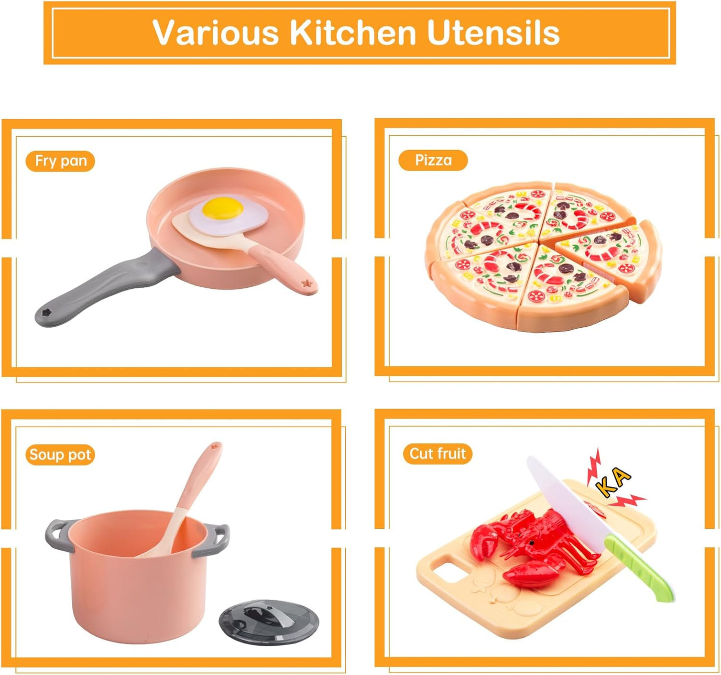 130Pcs Kitchen Playset, Toddler Pretend Cooking Play Pots, Pans, Utensils Cookware, Daily Food Fruit Veges, Shopping Storage Basket, Dessert, Prop Money, Learning Gift for Child (Pink)