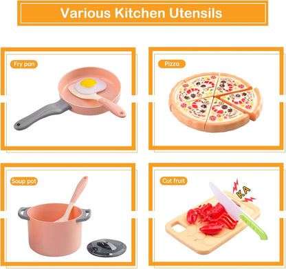 130Pcs Kitchen Playset, Toddler Pretend Cooking Play Pots, Pans, Utensils Cookware, Daily Food Fruit Veges, Shopping Storage Basket, Dessert, Prop Money, Learning Gift for Child (Pink)