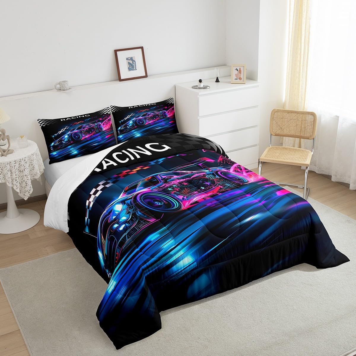 Castle Fairy Drum Kit Comforter Set,Musical Instruments Bedding Set for Kids Girls Women,Adults Rock Music Comforter,Neon Lighting Quilted Duvet Set Bedroom Collection Twin Size 2Pcs